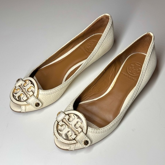 Tory Burch Women’s Leticia Peep Toe Low Wedge Shoes Ivory Gold Size- 6 M - Picture 8 of 9